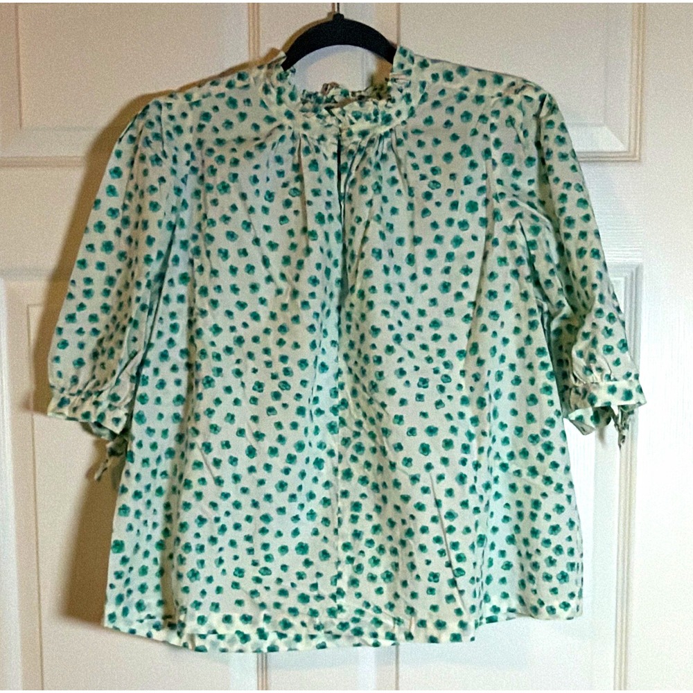 Rebecca Taylor Women's White Green Floral High Neck Ruffle Tie Blouse 12